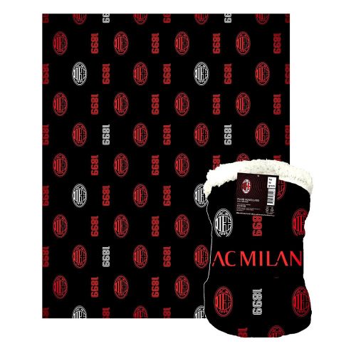 AC Milan Super-Soft Blanket – 130x160 cm, Black and red Striped Design with Team Logos and 1899 Text