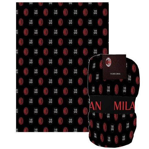 AC Milan Super-Soft Blanket – 130x160 cm, Black and red Striped Design with Team Logos and 1899 Text